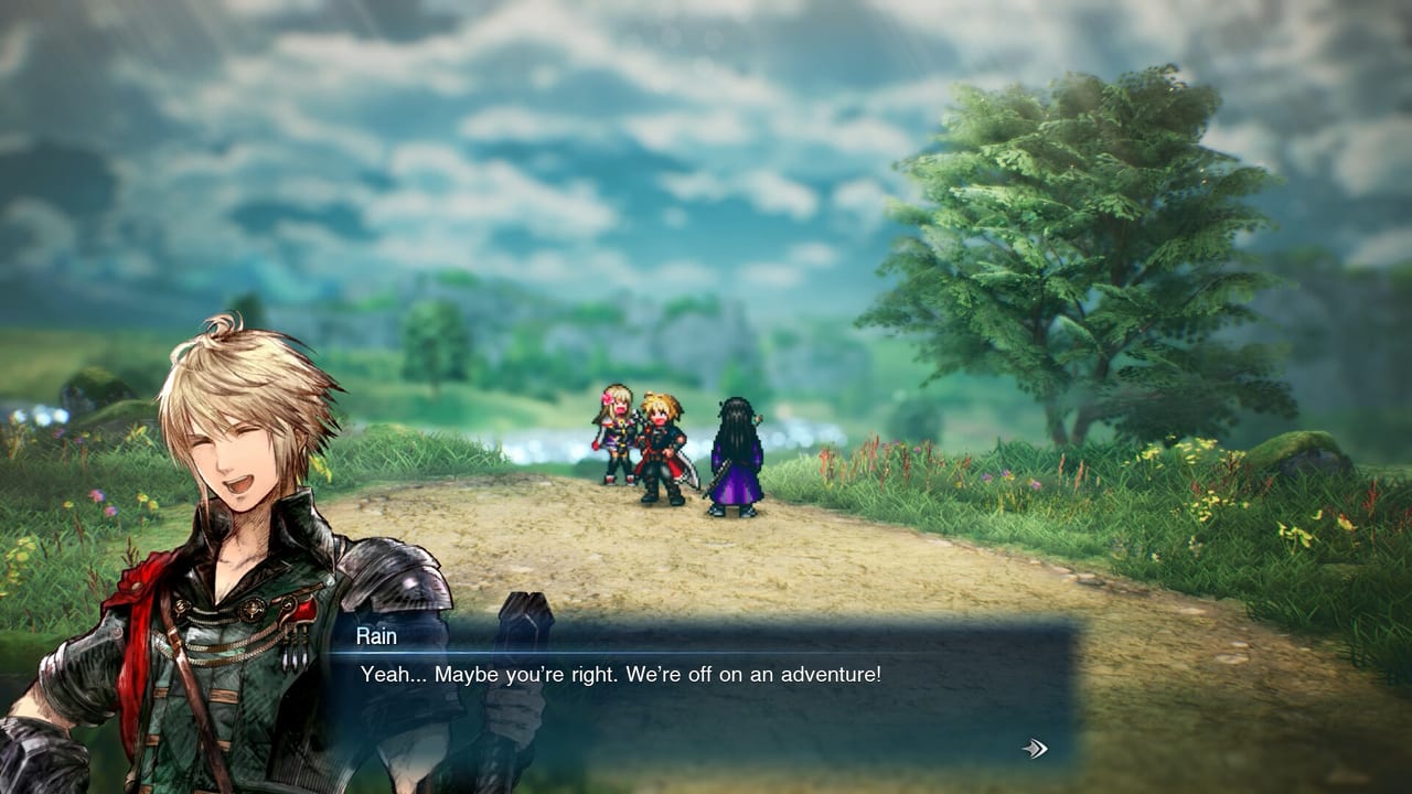 Rain and the party on the road in FINAL FANTASY RESONANCE HD-2D